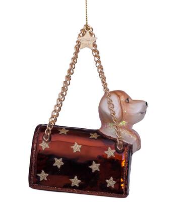 Glazen kerst decoratie bruine tas met labrador puppy H7cm*