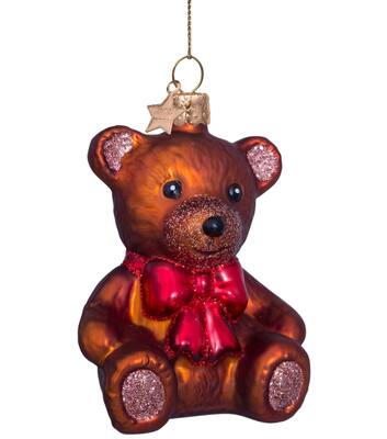 Ornament glass brown teddy bear w/red bow H8.5cm