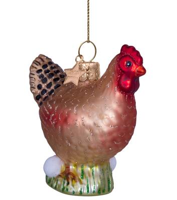 Ornament glass chicken w/eggs H7.5cm