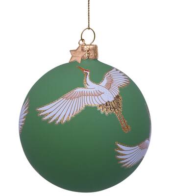 Glazen kerstbal mat groen met kraanvogels H8cm
