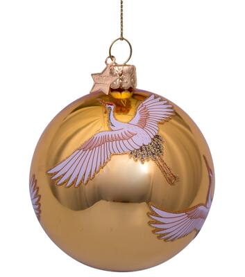 Weihnachtskugel Glas gold glänzend mit Kranichvögeln H8cm