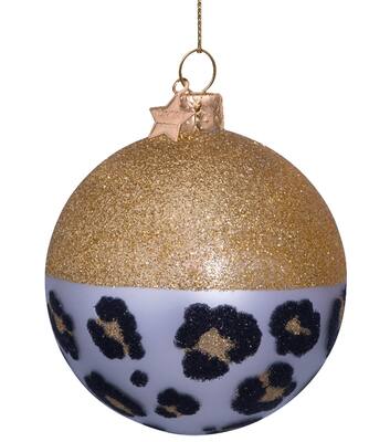 Bauble glass half gold glitter with panther print H8cm