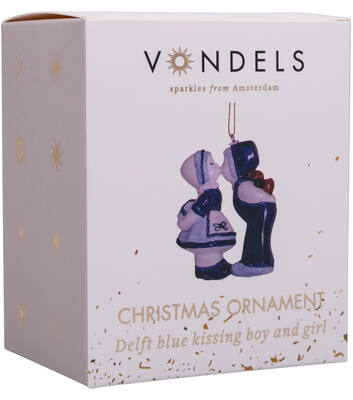 Glazen kerst decoratie delfts blauw kussende jongen en meisje H10cm