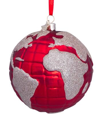 Weihnachtskugel rote Weltkugel mit goldenem Glitzermuster H10cm, mit Box